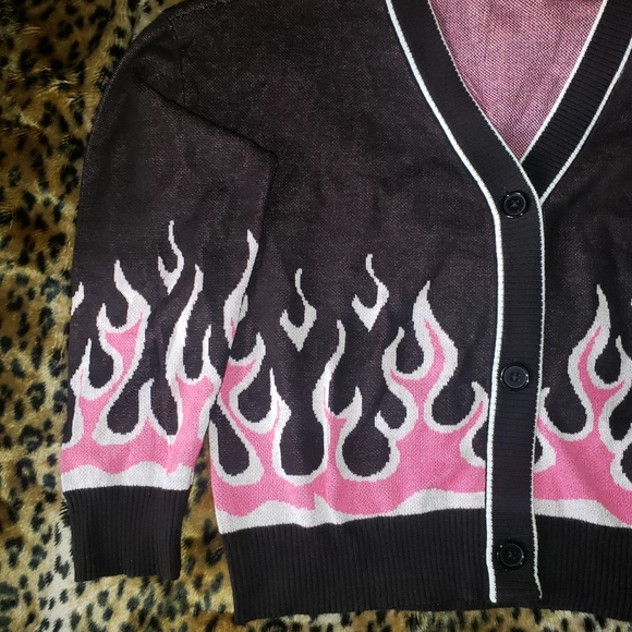 HOT PINK FLAME FLAMES CARDIGAN Y2K GOTH PUNK XL NIKKAK RAVE GLAM ROCKABILLY - Picture 2 of 5